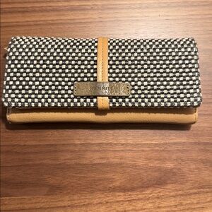 Hammitt Black & White Woven Check Foldover Wallet with Tan Trim
